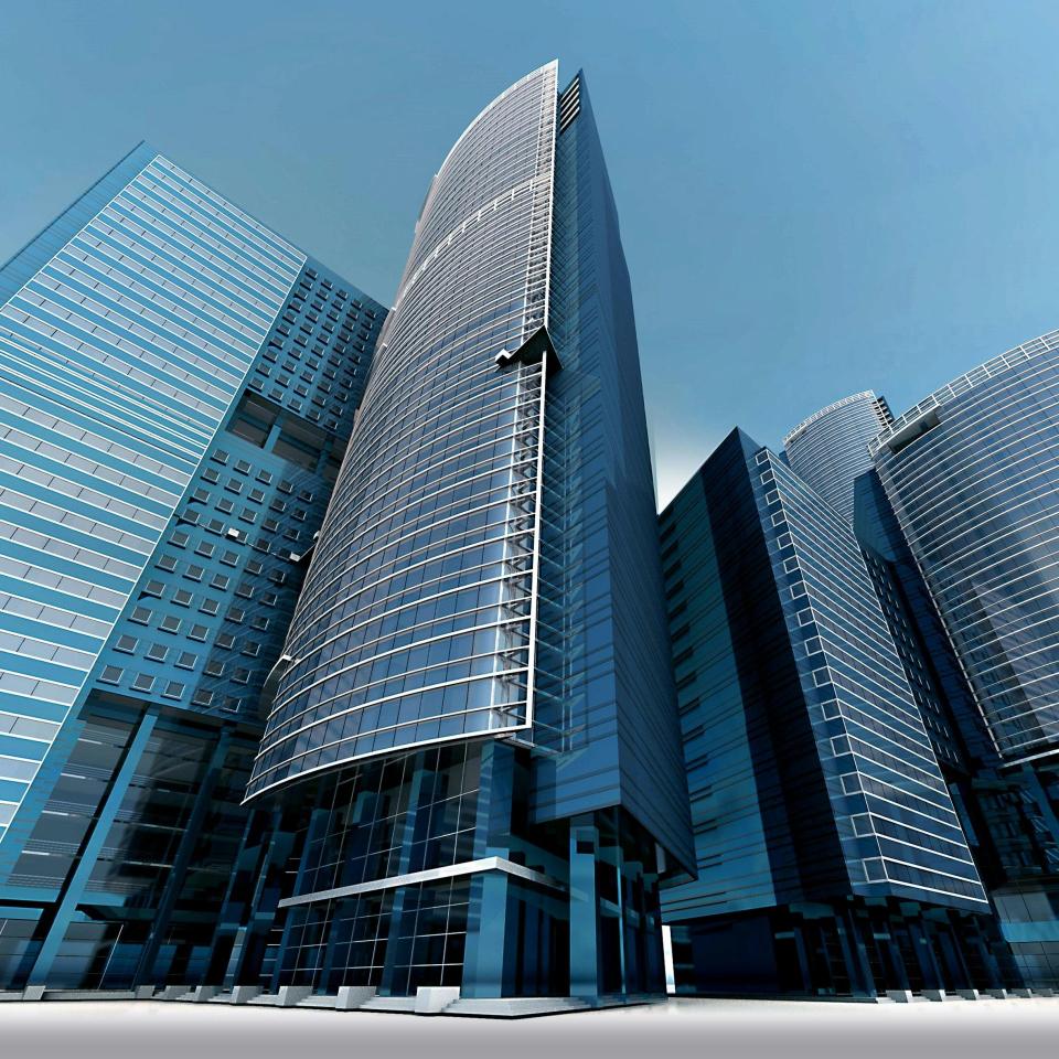 Rascacielos urbanos futuristas con fachadas de vidrio que reflejan un cielo azul vibrante.